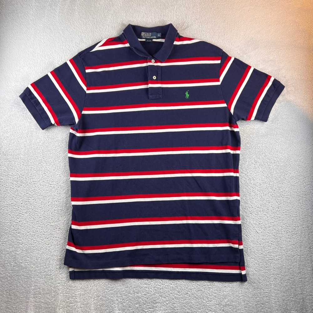 Polo Ralph Lauren Mens XL Navy Red White Striped Short Sleeve Pique Polo Shirt